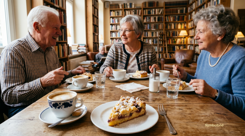 Seniorinnen und Senioren beim Verzehlcafé bei Kaffee und Kuchen
